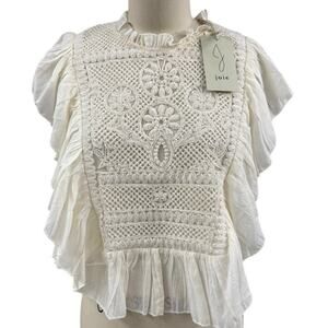 NWT Joie Ivory Embroidered Ruffle Blouse M Boho Luxe Romantic Messy Coquette